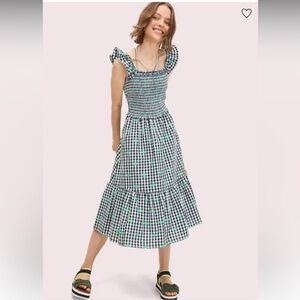 Kate Spade Embroidered Black & White Gingham Voile Smocked Midi Dress Size M EUC